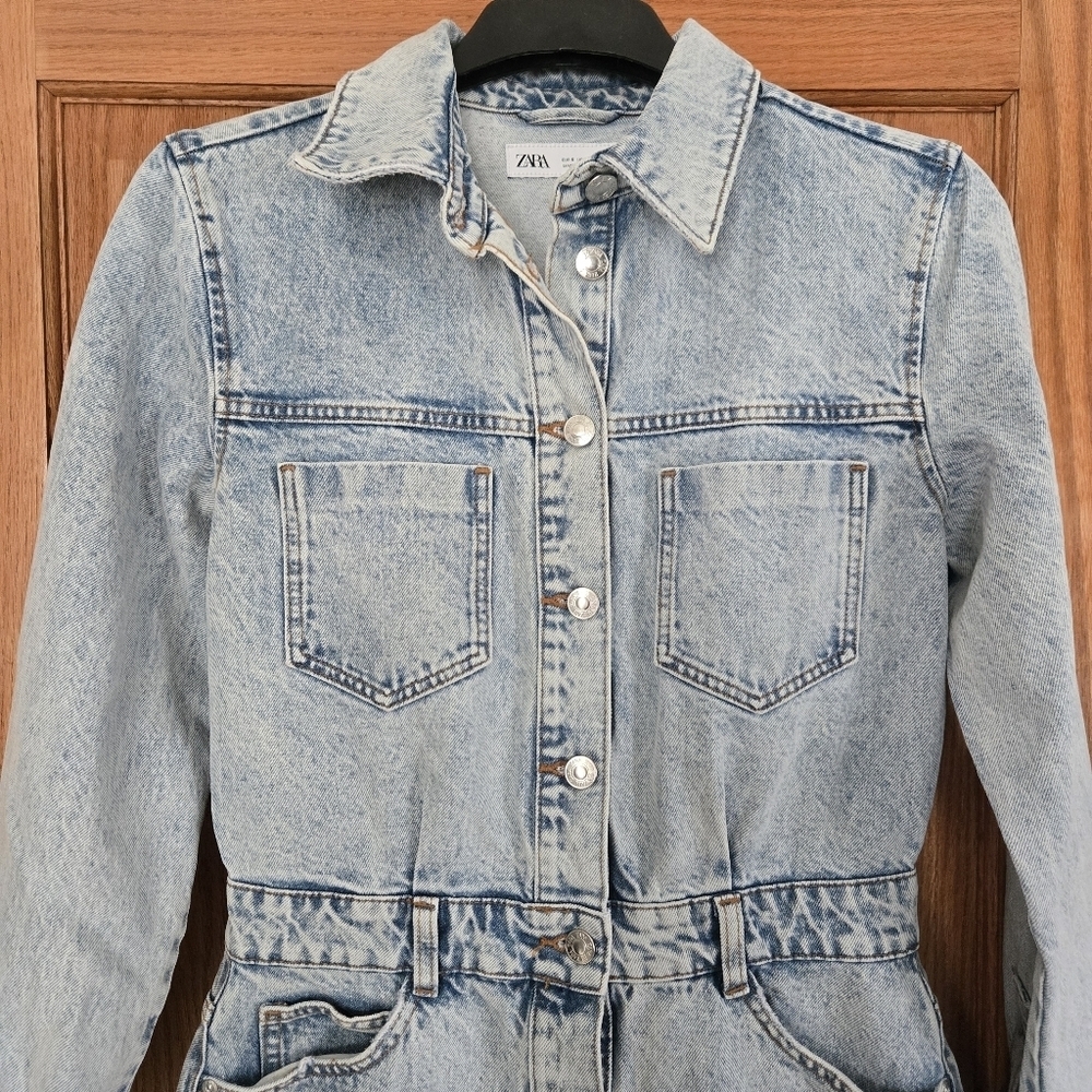 Zara Light Blue Denim Button Dawn Mini Dress Sz SMALL - Picture 3 of 13